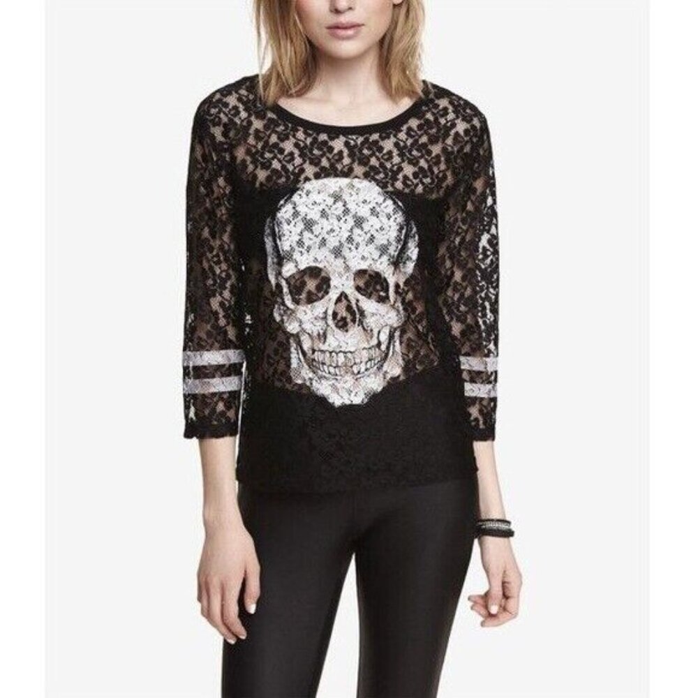EXPRESS Lace Skull Top Blouse Black Sheer Size Small Halloween Skeleton EUC